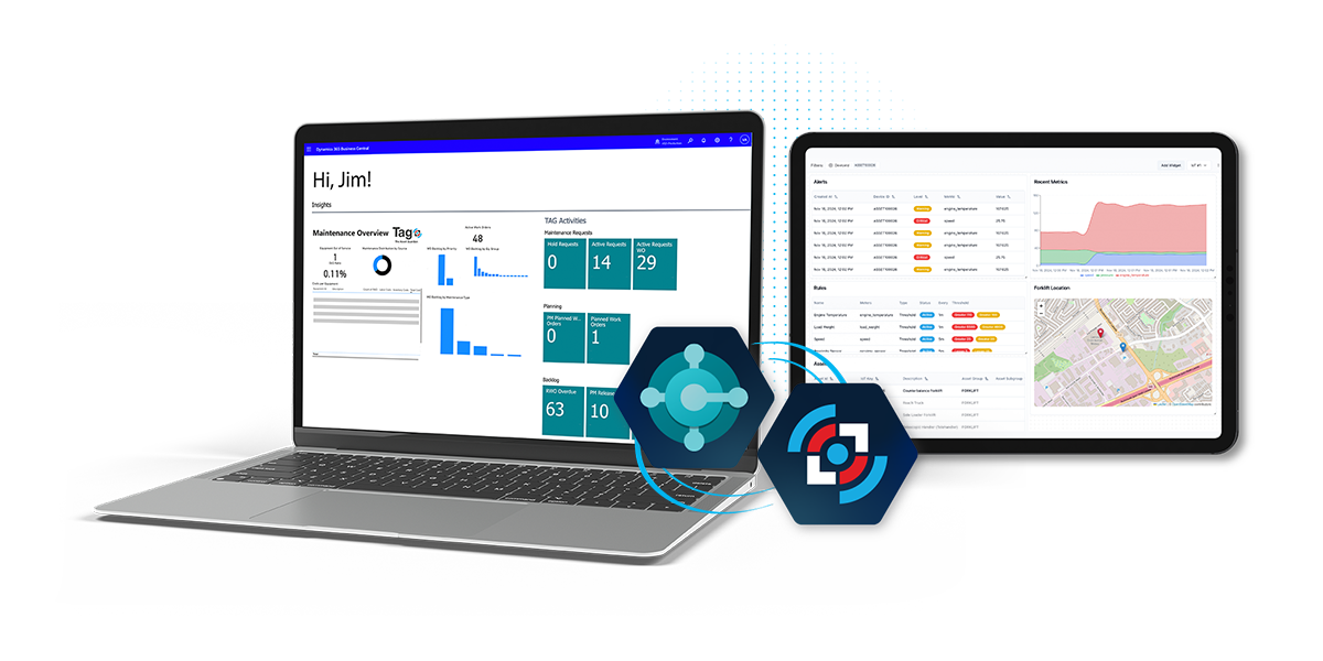 screenshot of laptop with The Asset Guardian (TAG) EAM embedded in Microsoft Dynamics 365 Business Central